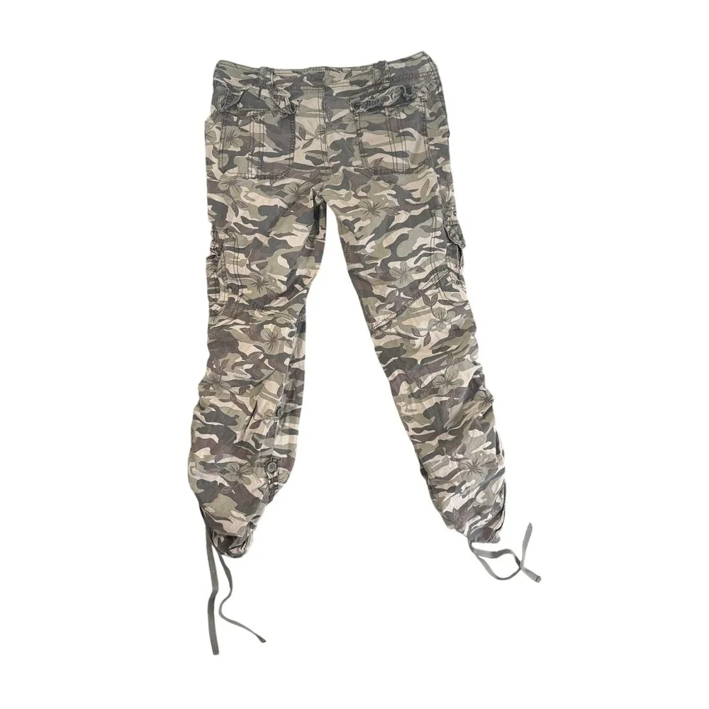 No Boundaries Camo Cargo Pants Junior 7 Floral Ruched Leg Green Cotton Y2K Style